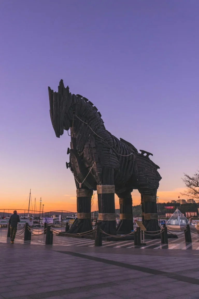 Trojan Horse Monument in Çanakkale, Turkey during sunset – iconic wooden statue representing the ancient city of Troy.