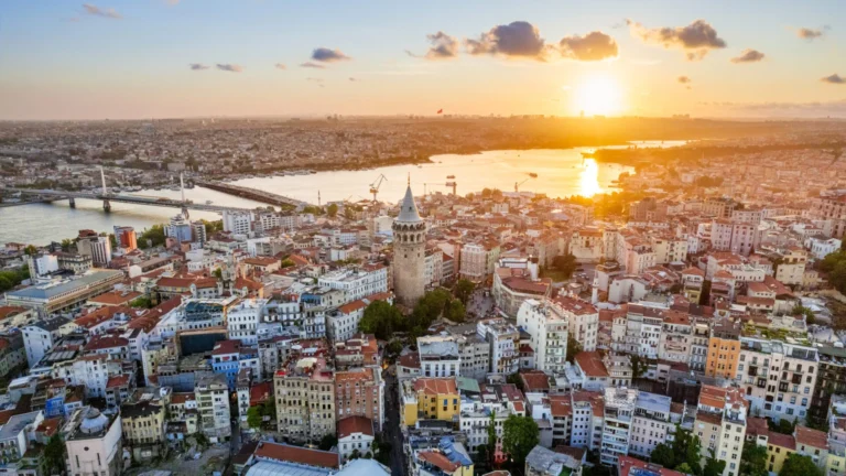 Aerial drone view of Istanbul skyline and mosques at sunset