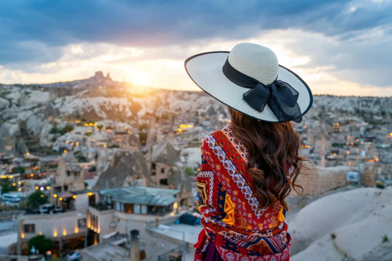 Woman enjoying panoramic view of Goreme town in Cappadocia, Turkey