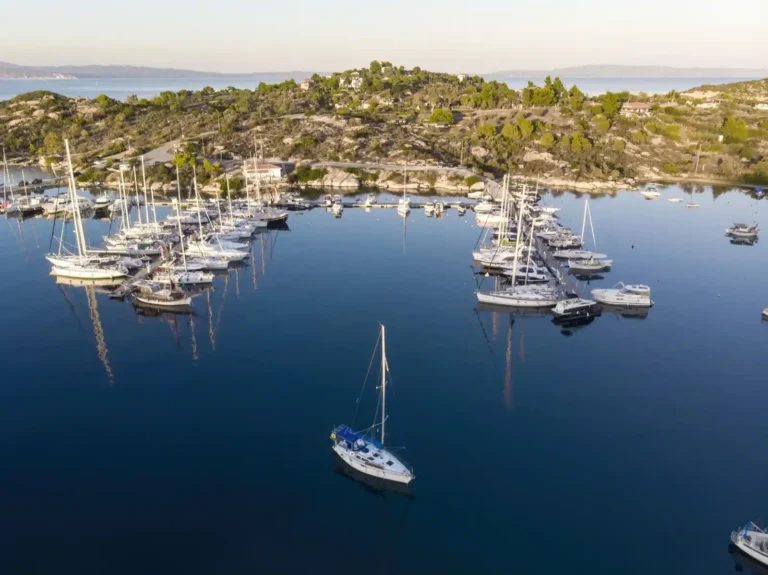 Aerial view of an Aegean coast marina with yachts, Turkey