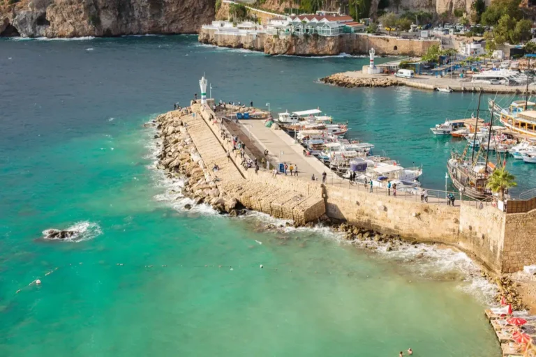 View of Antalya marina and old town harbor