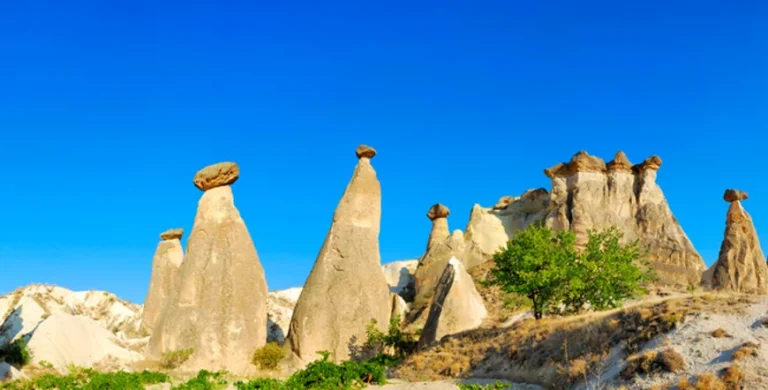 Panoramic view of fairy chimney formations in Cappadocia