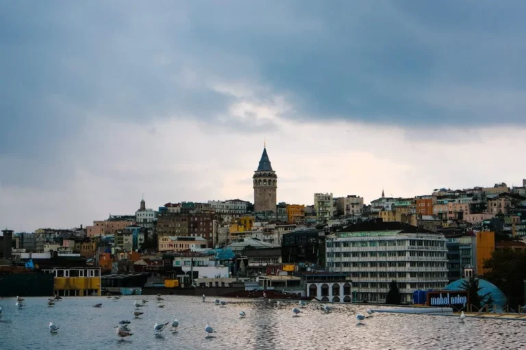 Panoramic view of the historical Galata Tower in Istanbul under a cloudy sky.