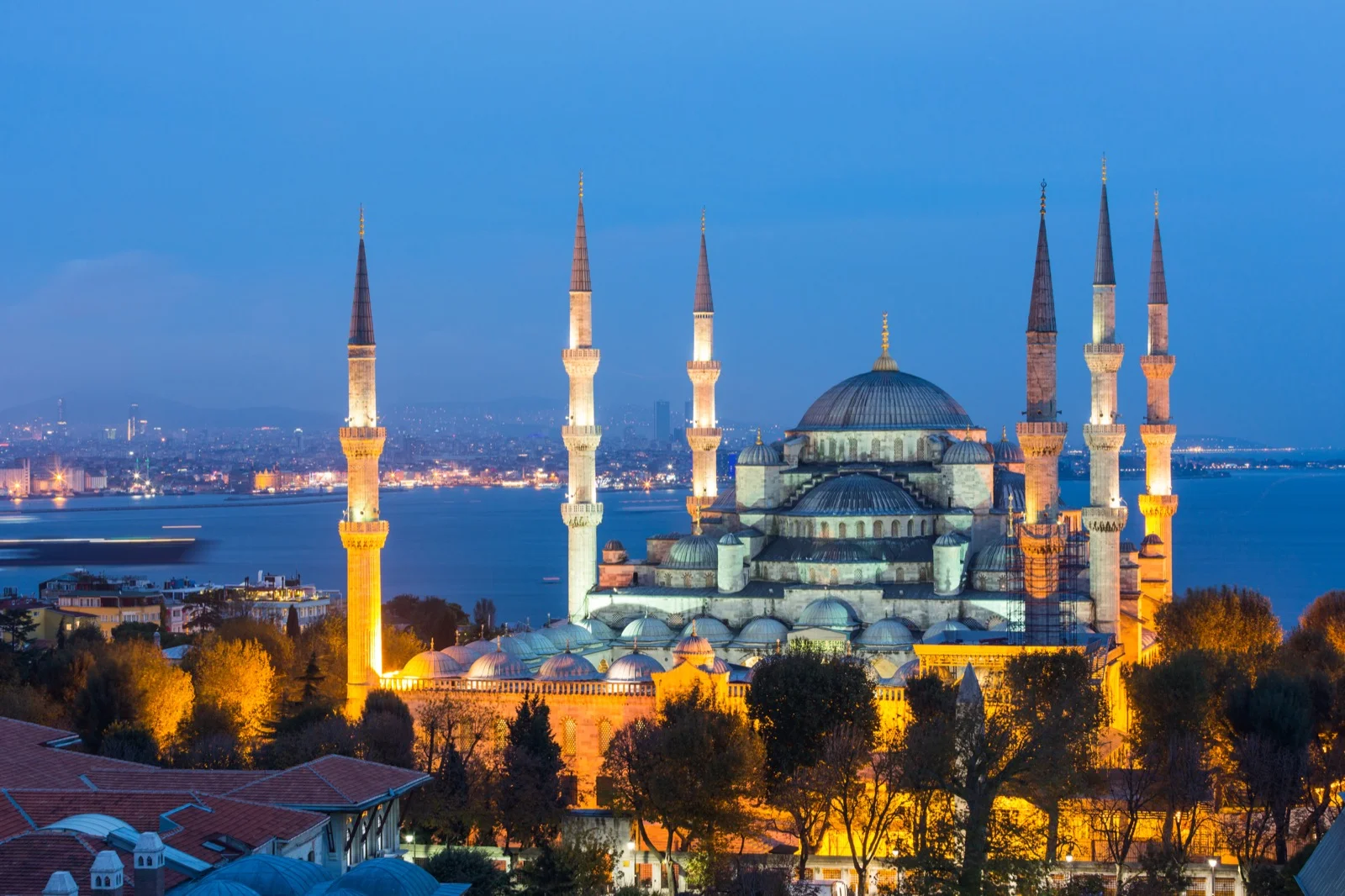 Aerial view of Blue Mosque at night in Istanbul