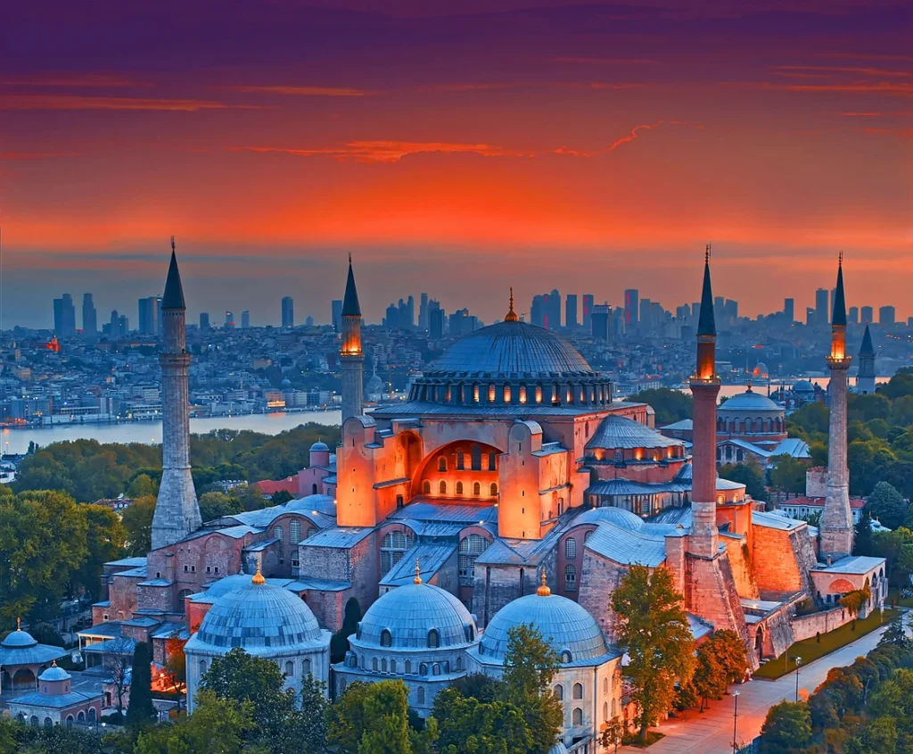 Hagia Sophia aerial view at sunset in Istanbul