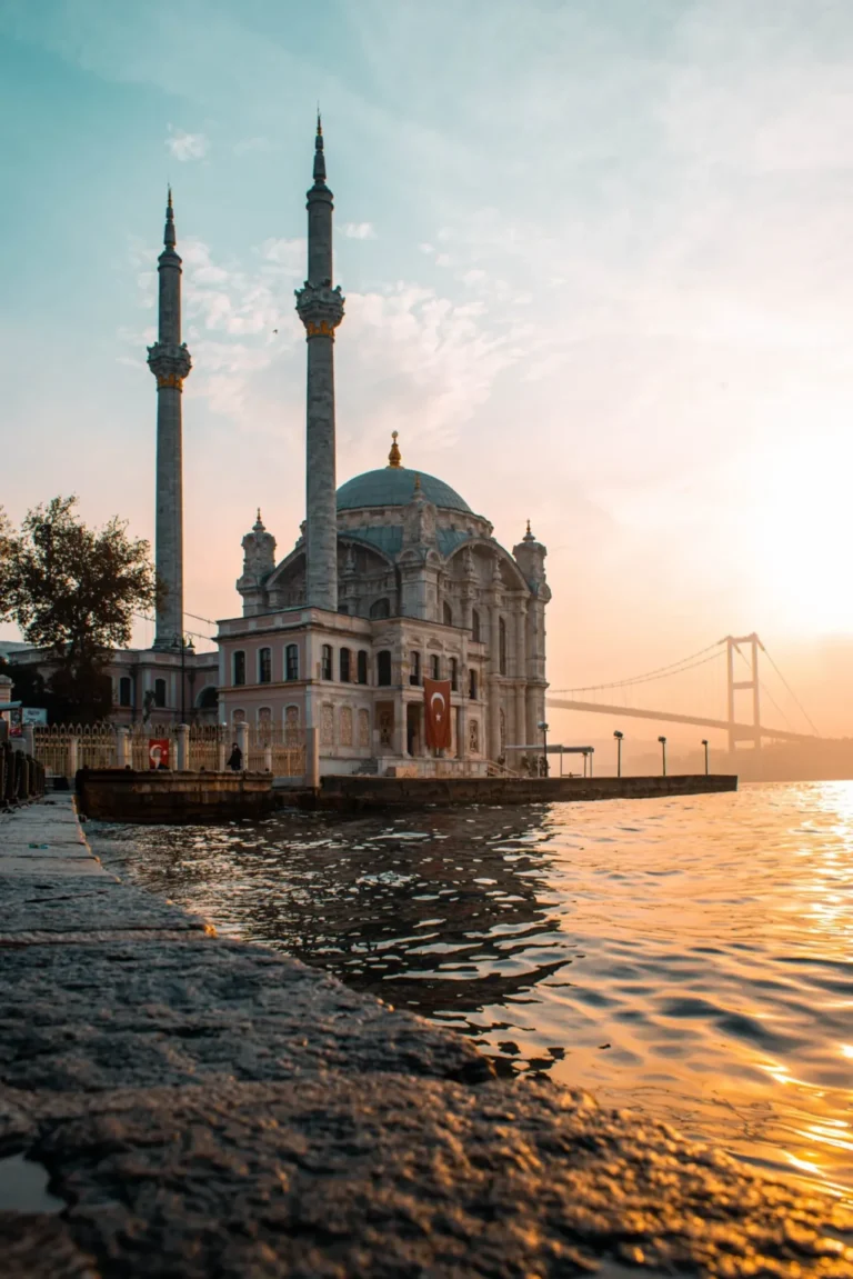 Ortakoy Mosque at sunset with Bosphorus Bridge, Istanbul