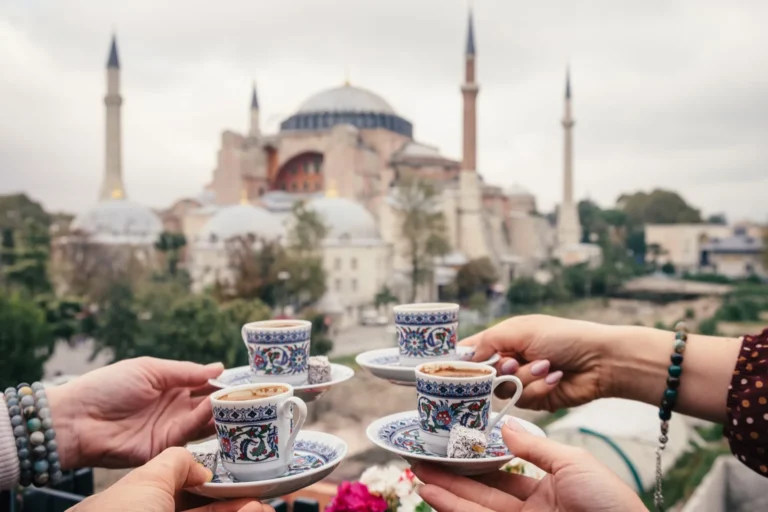 Traditional Turkish coffee with Hagia Sophia in the background
