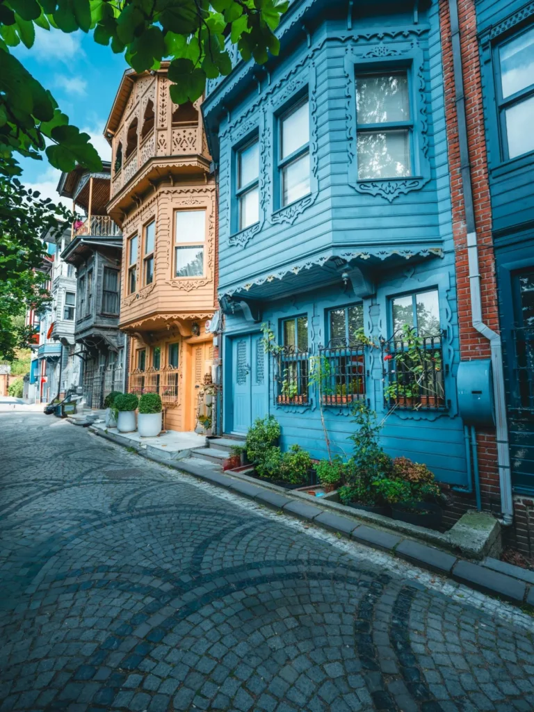 Colorful traditional Ottoman wooden houses on a cobblestone street