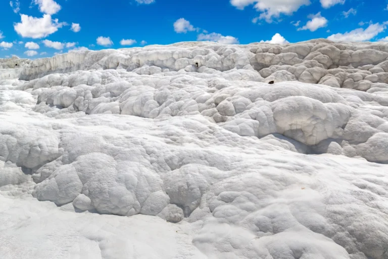 Overview of the white travertine terraces of Pamukkale