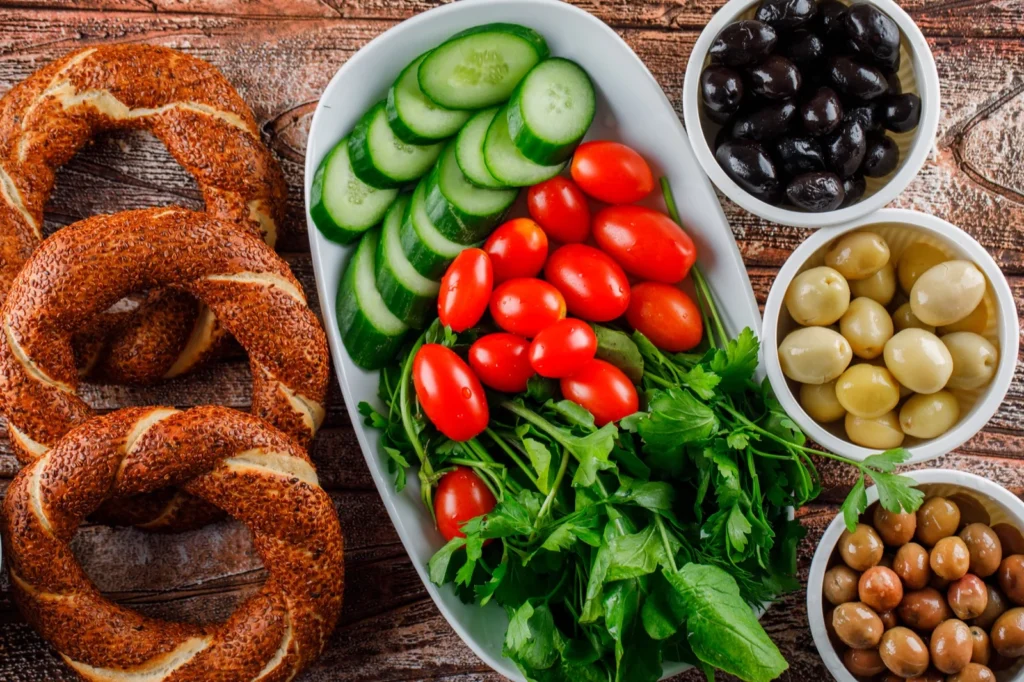 Traditional Turkish breakfast spread with cheese, olives and fresh bread