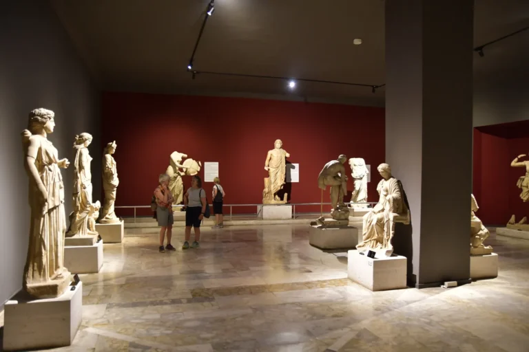 Roman marble statues displayed in the Hall of Gods at the Antalya Archaeological Museum