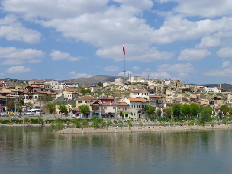 Avanos old town with traditional stone houses along the Kızılırmak River in Cappadocia