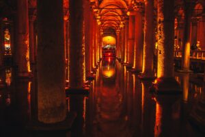 Basilica Cistern Istanbul underground columns and water reflections