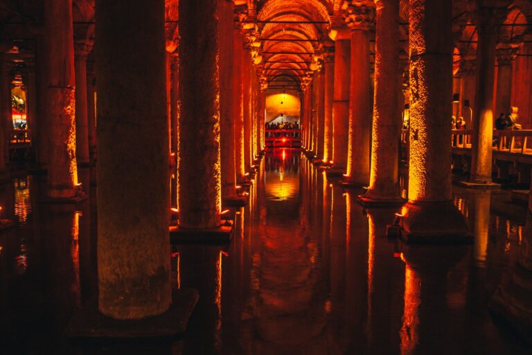 Basilica Cistern Istanbul underground columns and water reflections