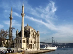 Ortakoy Mosque and the Bosphorus Bridge on the European shore of Istanbul