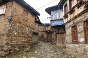 Colorful timber-frame Ottoman houses and cobblestone street in Cumalıkızık village near Bursa