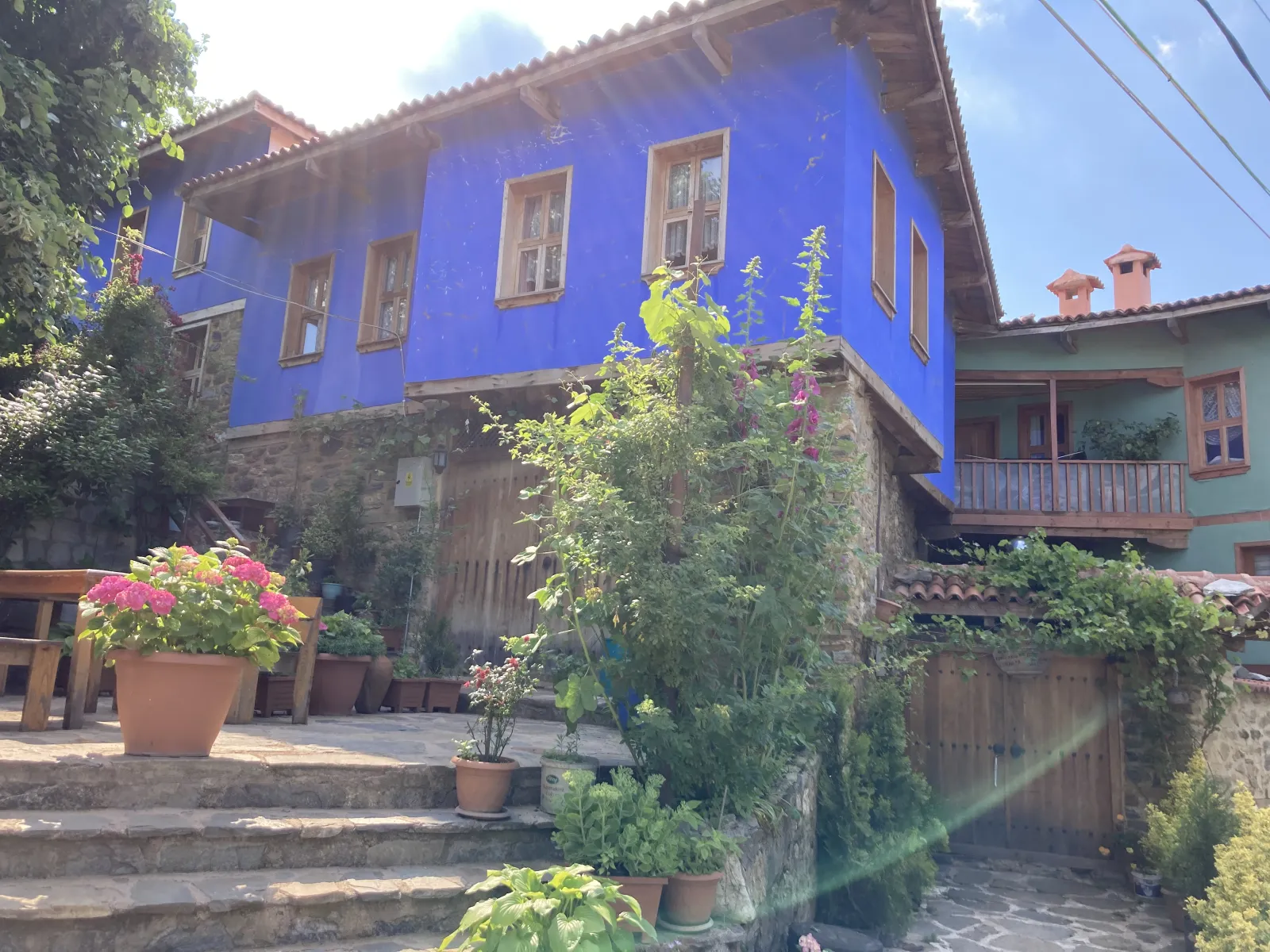 Timber-frame facade of a colorful Ottoman house in Cumalıkızık village near Bursa