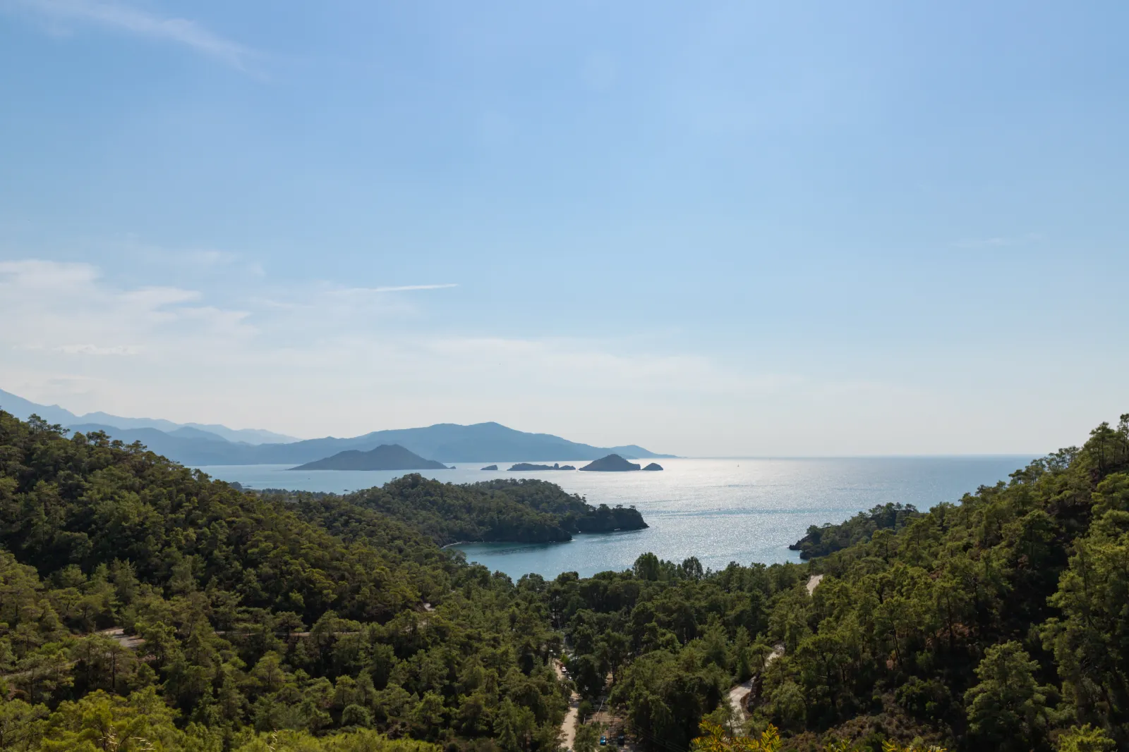 Aerial view of pine-covered islands and turquoise bays in the Gocek area near Fethiye