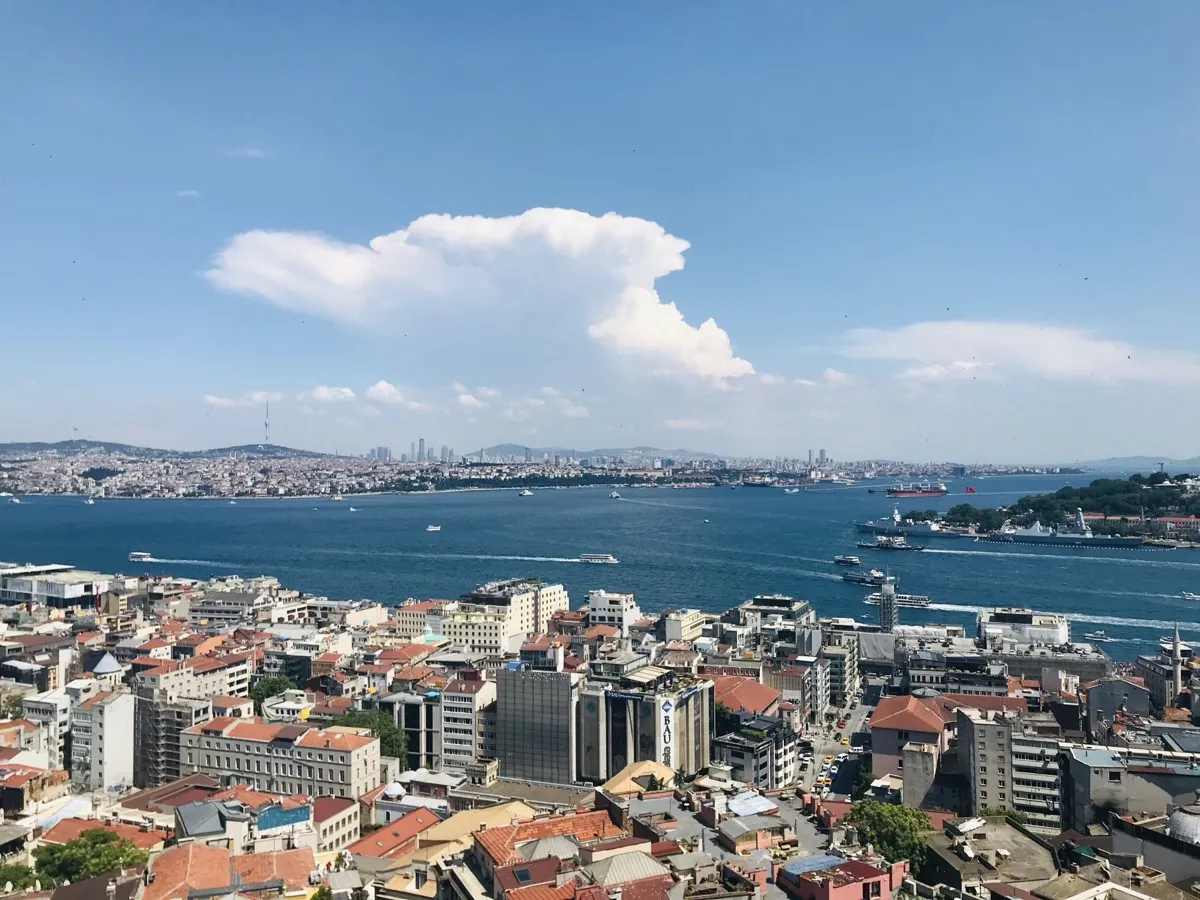 View from the Galata Tower observation deck overlooking the Bosphorus and Istanbul rooftops