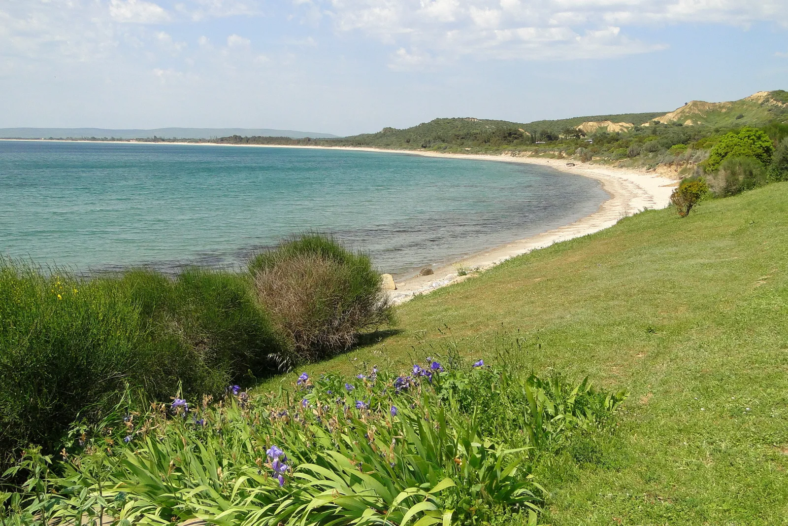 ANZAC Cove beach on the Gallipoli Peninsula with steep cliffs rising above the narrow shoreline