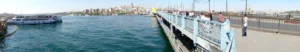 The Golden Horn waterway seen from above with the Galata Bridge and Istanbul mosques along both shores