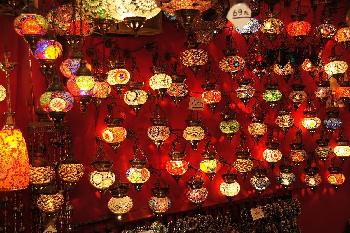 Colorful Turkish mosaic lamps hanging in a Grand Bazaar shop