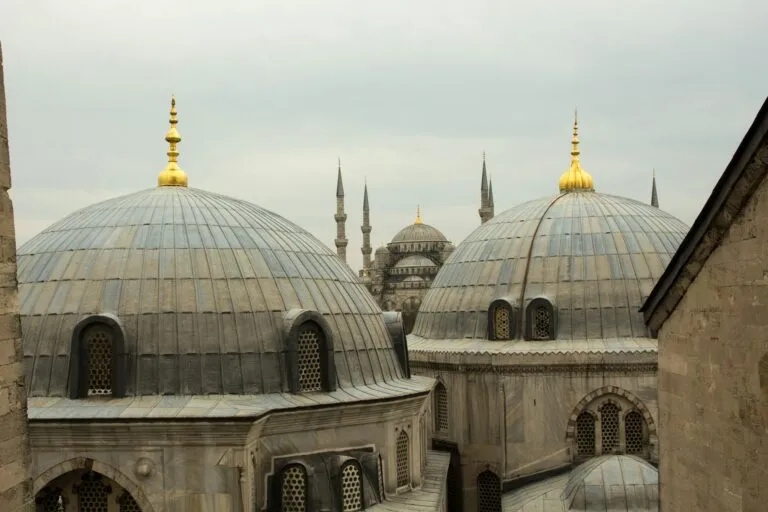 View of Istanbul skyline showing Hagia Sophia and the Sultan Ahmed Mosque (Blue Mosque) at golden hour