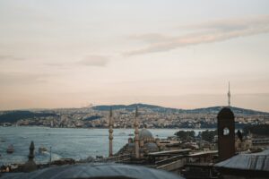 Istanbul skyline with mosques and Bosphorus at sunset