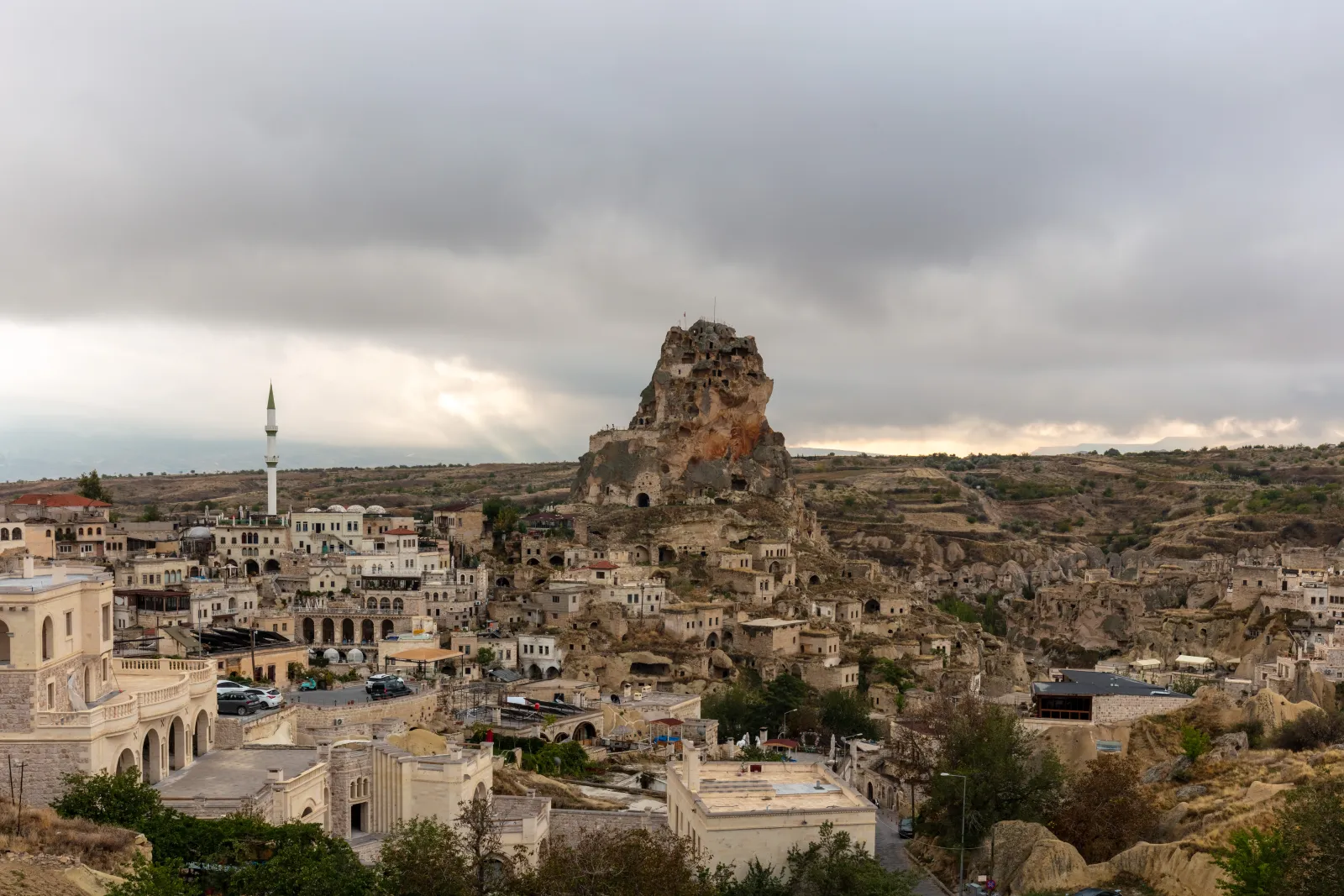 Panoramic view from Ortahisar Castle across the Cappadocian landscape with fairy chimneys and valleys