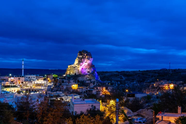 Ortahisar Castle rock pinnacle rising from the center of the village in Cappadocia