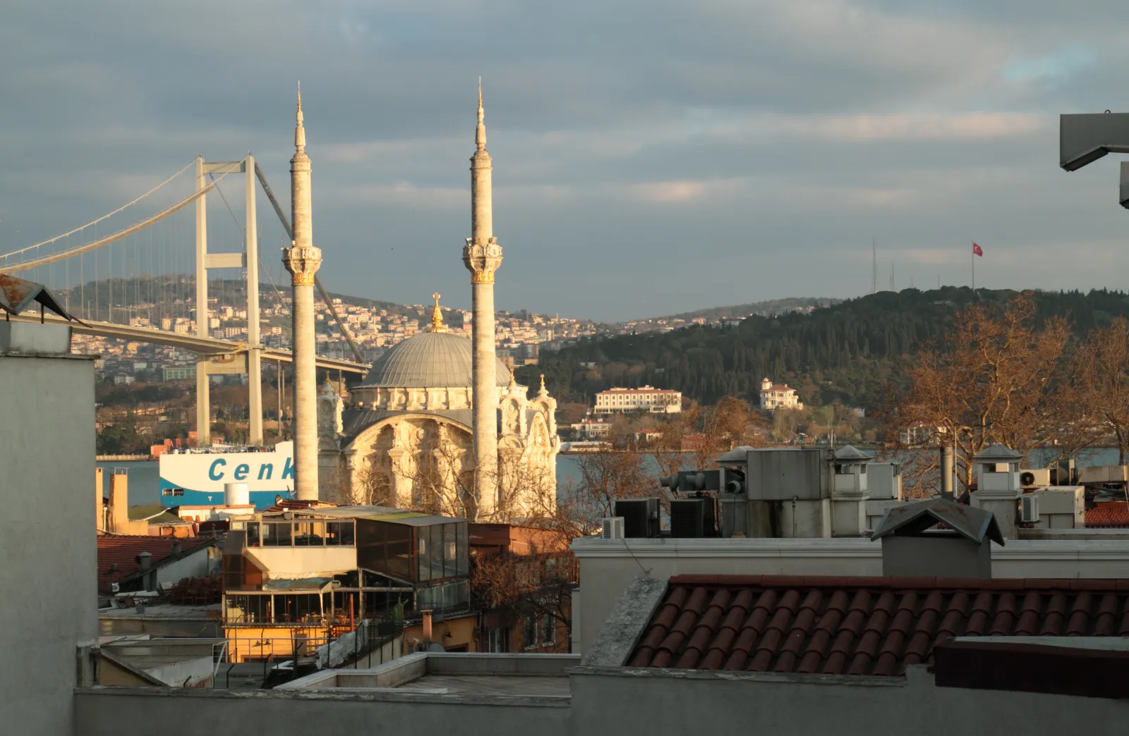 The waterfront square at Ortakoy Istanbul with the mosque and Bosphorus Bridge