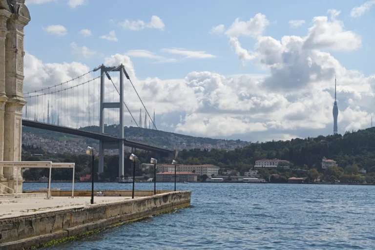 Ortakoy Mosque on the Bosphorus waterfront with the Bosphorus Bridge rising behind it
