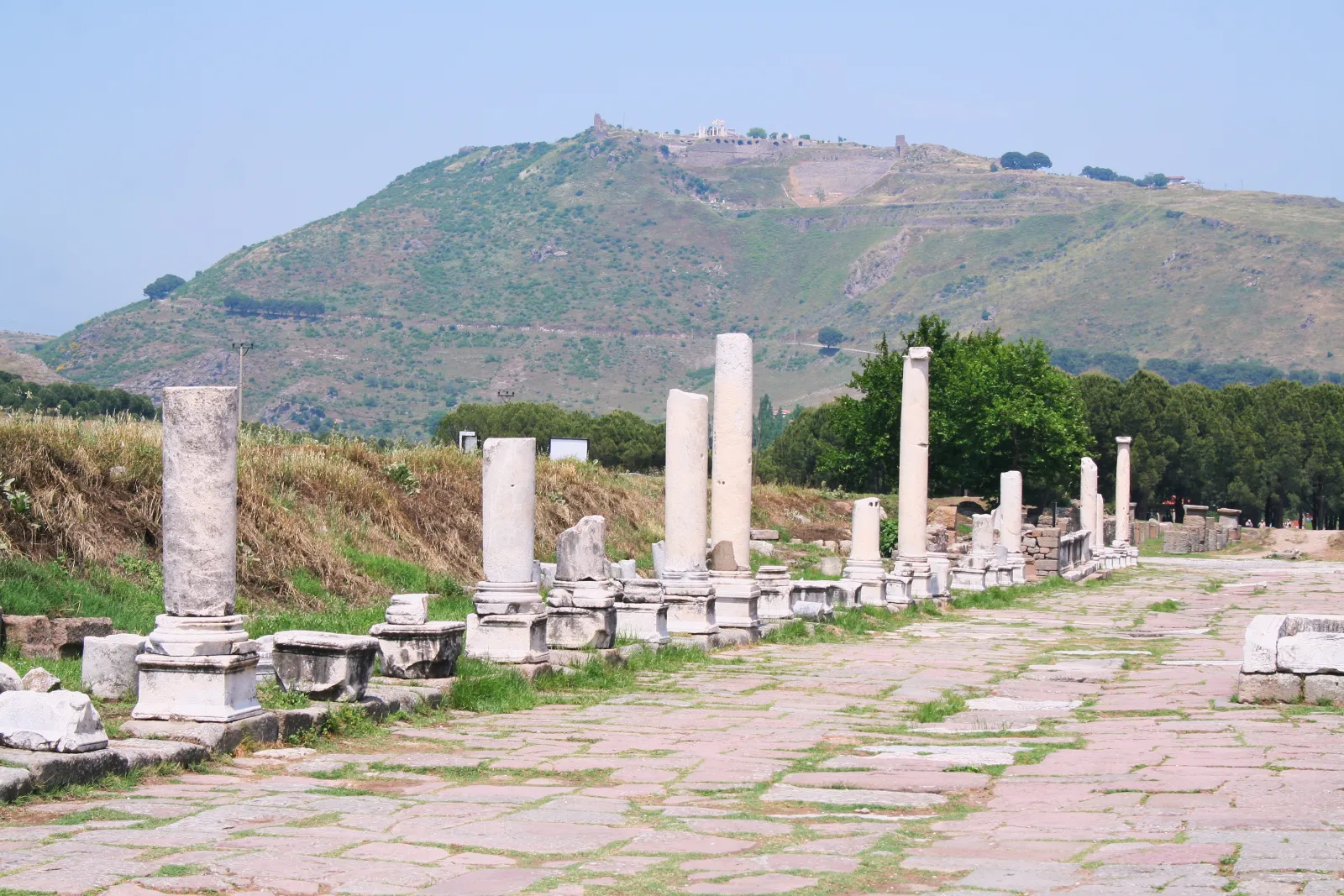 View of the Pergamon Acropolis hilltop complex with ruins from the Asklepion below