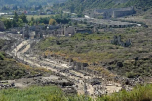The Hellenistic gate towers of Perge ancient city with Roman-era courtyard behind them