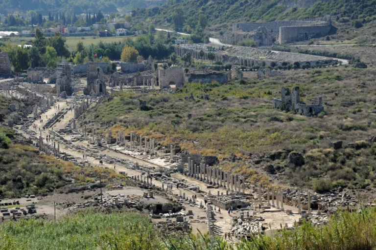 The Hellenistic gate towers of Perge ancient city with Roman-era courtyard behind them