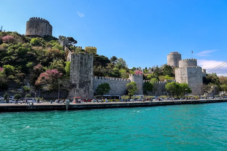 Rumeli Fortress viewed from the Bosphorus with its three towers climbing the hillside