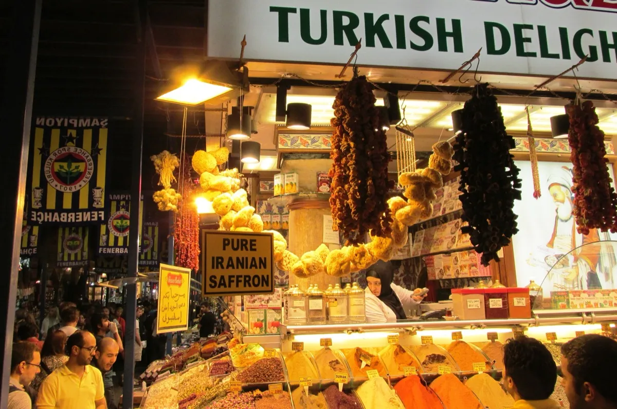 Interior of the Spice Bazaar Istanbul with colorful shop displays and vaulted corridor