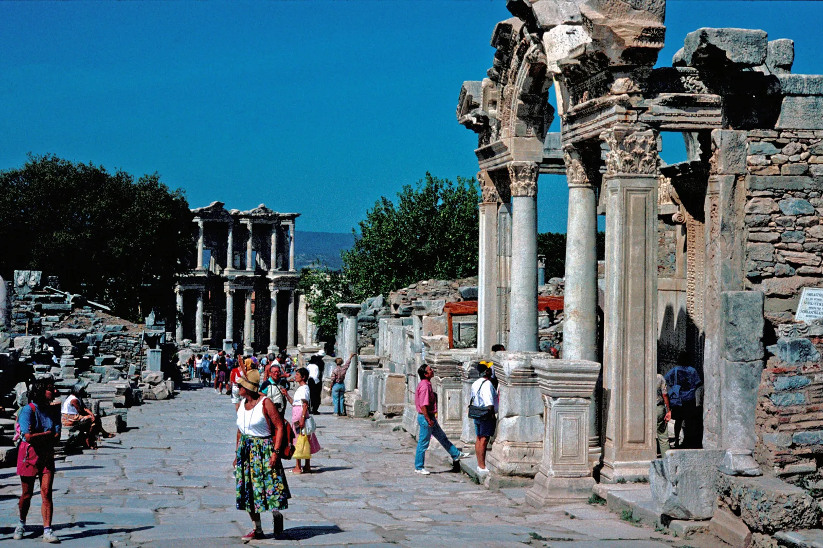 The Temple of Hadrian in its setting on Curetes Street at Ephesus with surrounding ruins and columns