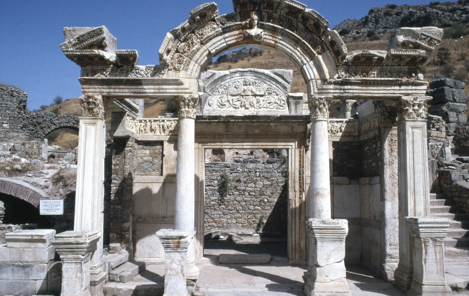 Front view of the Temple of Hadrian at Ephesus showing the Corinthian columns and arched entablature