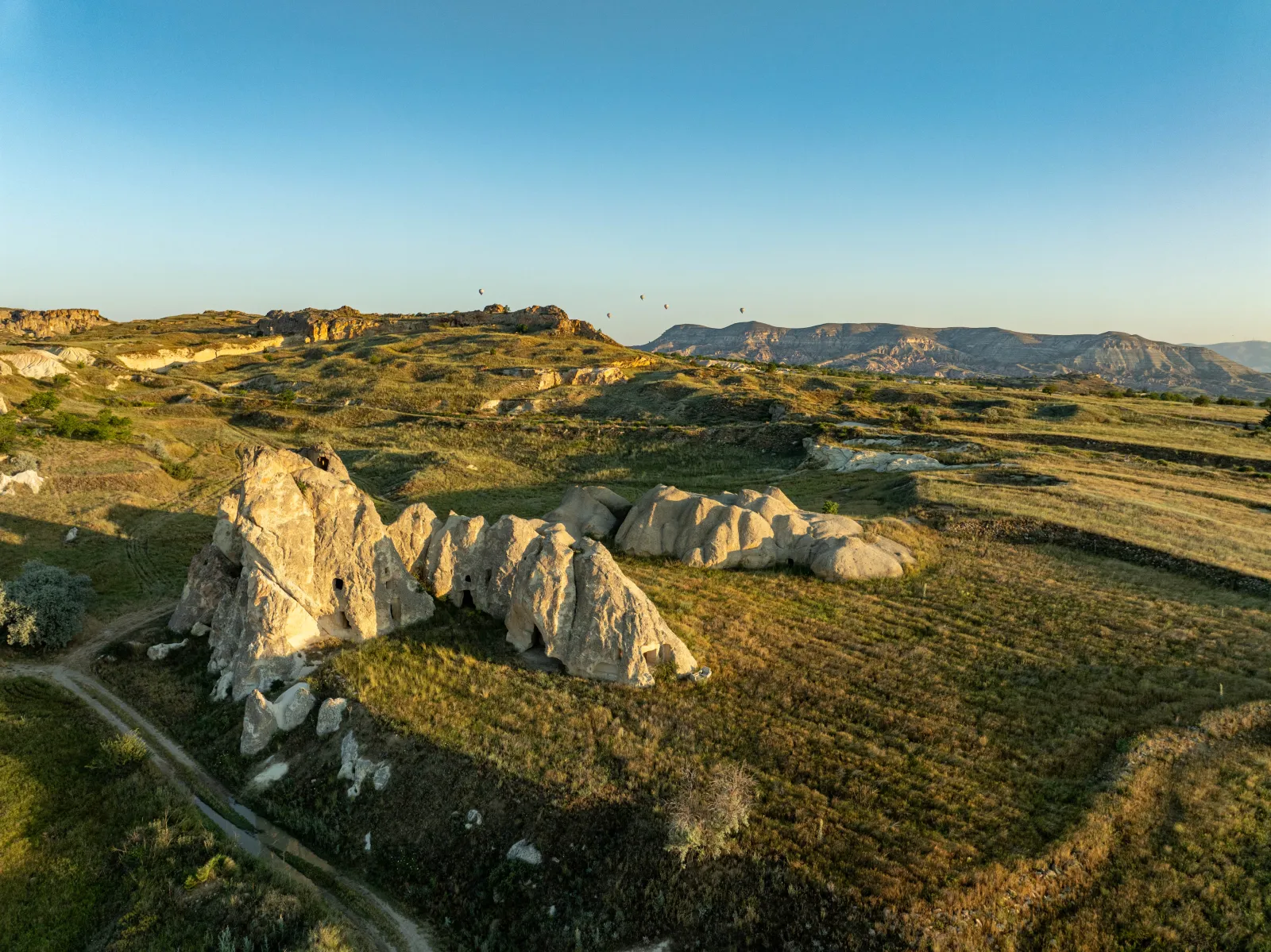 Aerial view of Cappadocia showing fairy chimneys in the valleys near Ürgüp and Göreme