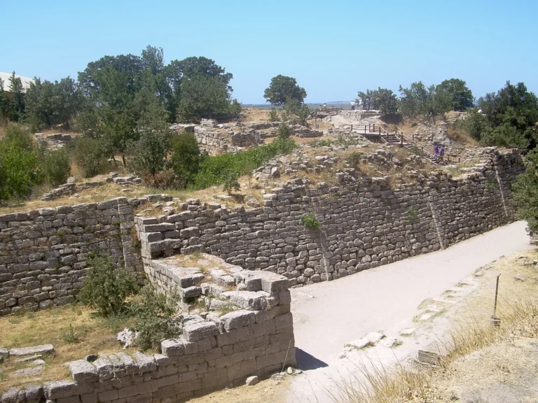 The excavated walls and layers of the Troy archaeological site at Hisarlik Turkey