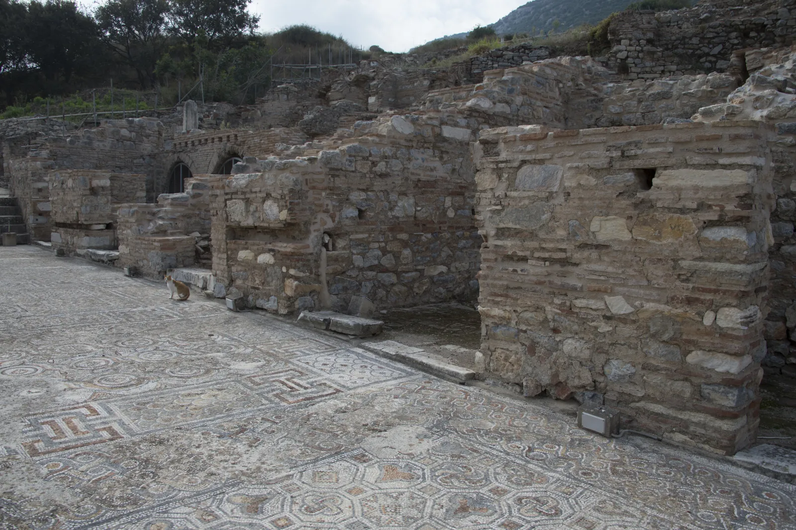 Comfortable walking shoes on a cobblestone street at an ancient site in Turkey